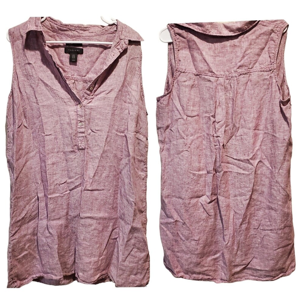 Tahari 100% Linen Sleeveless Henley Tank Large Purple Buttons Relaxed Size 1X